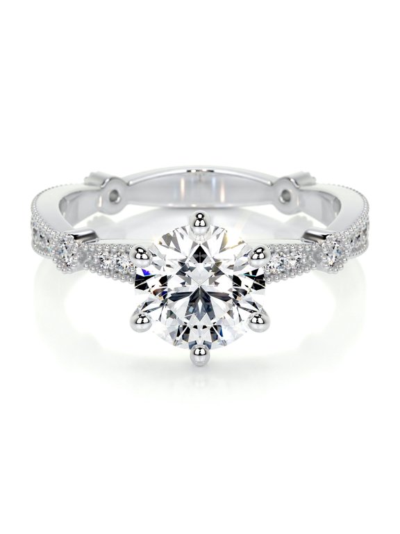 2 Ct VVS1/D Round Cut Lab Created Simulated Diamond Ring - 14K White Gold Plated Diamond Ring - Bead Ball Diamond Rings for Her - Solitaire with Accent Diamond Rings for Women's