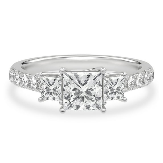 Blue Jewel 2.24 Ct Princess Cut Solitaire Engagement Ring - 14K White Gold Plated with Side Diamonds - Wedding Trilogy Band for Women - Wide Lab-Created Simulated Diamond Ring Design