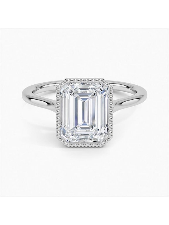 2 Ct Emerald Cut Lab-Created Simulated Diamond Bead Ball Solitaire Ring 14K White Gold Plated Ring for Women
