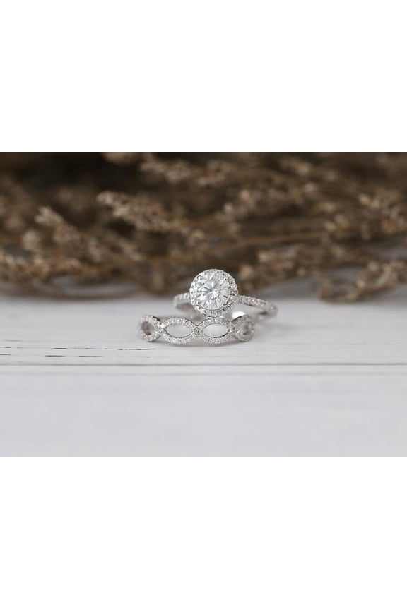 Brilliant 1.8 Ct Round Cut Diamond Ring - 14K White Gold Plated Wedding Anniversary Ring - Halo with Infinity Twisted Cross Over Shank Engagement Rings for Couples - Engagement Couple Ring