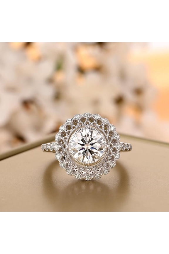 Brilliant 2 Ct Round Cut Diamond Ring - 14K White Gold Plated Ring - Proposal Ring for Girlfriend - Double Halo Diamond Jewelry for Women's - Silver Diamond Beautiful Special Occasion Ring