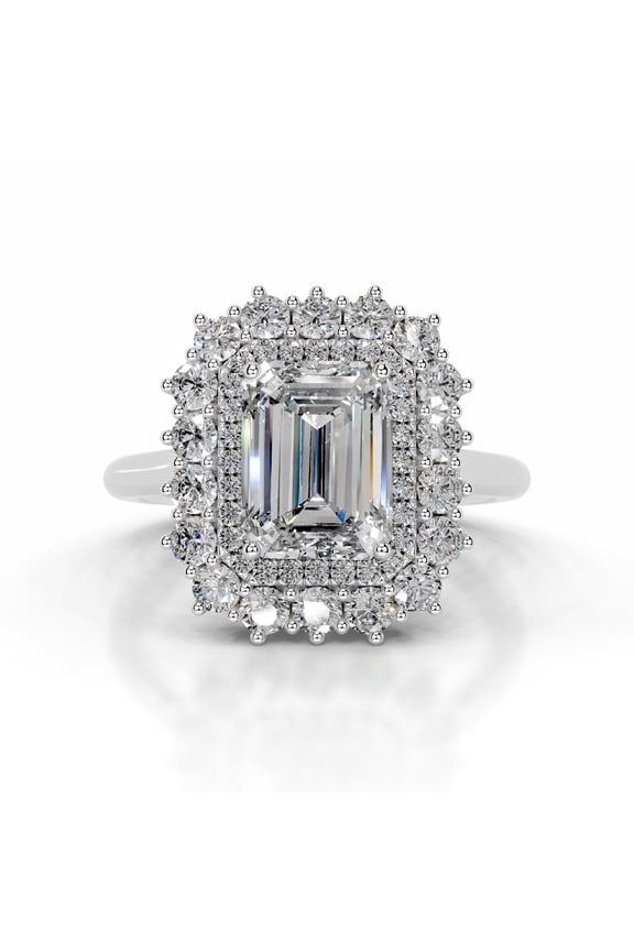 Emerald Cut Excellent 2 Ct Diamond Rings - White Gold Over 14K Silver Diamond Ring for Her - Wedding Rings - Solitaire with Accent Diamond Rings for Women's - Double Halo Diamond Rings