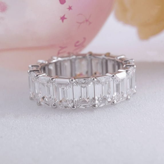 Blue Jewel Excellent 1.9 Ct Emerald Cut Lab Created Simulated Diamond Ring - 14K White Gold Plated Diamond Ring - Full Eternity Diamond Ring for Women's - Gorgeous Anniversary Gift for Women's