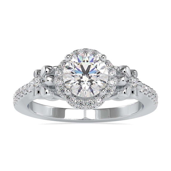 Blue Jewel Halo Engagement Ring - 1.5 Ct Lab Created Round Cut Diamond in 14K White Gold Plated for Women - Ideal for Proposals, Anniversaries Gifts - Beautiful Prong Setting for a Sparkling Finish