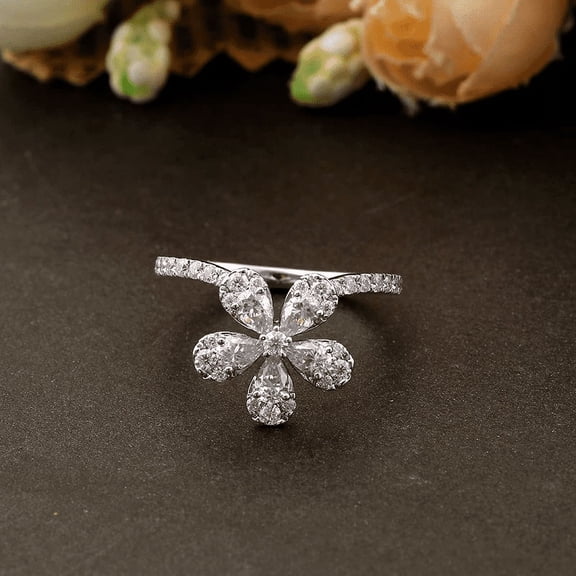 Blue Jewel Pear Cut Excellent 1.4 Ct Diamond Ring For Women's - 14K White Gold Plated Diamond Ring - Round and Pear Floral Rings for Women's - Solitaire with Accent Diamond Rings for Women's