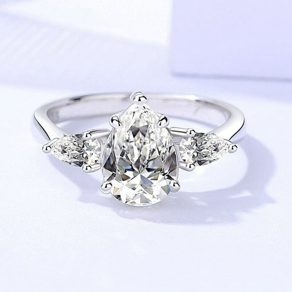 Blue Jewel Pear Cut Excellent 2.1 Ct Diamond Ring For Women's - 14K White gold Plated Diamond Rings - Classic 3 Stone with Pear Shaped Accents Diamond Rings for Women's - Gifts for Women's