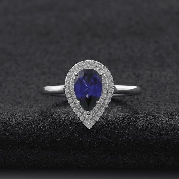 Blue Jewel Pear Cut Excellent 2 Ct Diamond Ring For Women's - Silver 14K White gold Plated Ring - Engagement Double-Halo with Multi Accent Ring for Women's - Solitaire with Halo Diamond Rings for Her