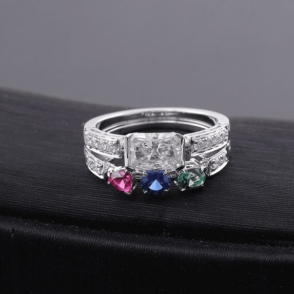 Blue Jewel Radiant Cut 1.9 Ct VVS1/D Lab Created Simulated Diamond Ring - Silver 14K White gold Plated Ring - Diamond Birthstone Ring in Sterling Silver - Multiple Birthstone diamond Ring for Women's