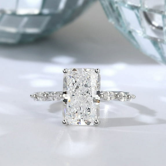 Blue Jewel Radiant Cut Excellent 2 Ct Diamond Ring For Women's - 14K White Gold Plated Diamond Ring - Solitaire with Accent Diamond Ring for Women's - Wedding Diamond Ring for Ring