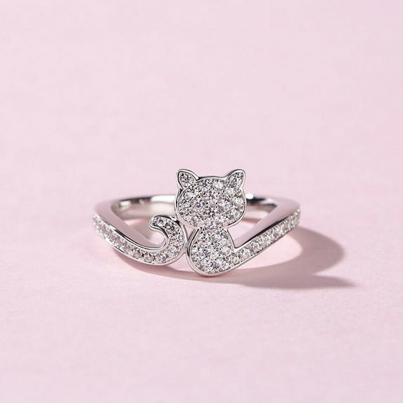Blue Jewel Round Cut 1 Ct VVS1/D Lab Created Simulated Diamond Ring - 14K White Gold Plated Ring - Cat Dainty Animal Sterling Silver Rings For Best Friend - Causal Daily Wear Rings For Women's