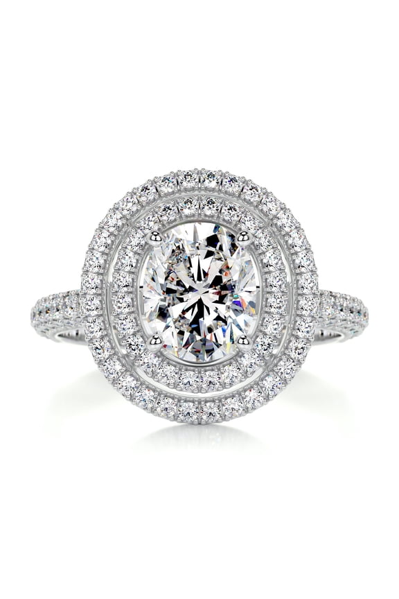 14K White Gold Plated Rings - Wedding Ring - 1.9 Ct Oval Cut Lab Created Simulated Diamond - Solitaire Diamond Style with Accent - Double Halo Eternity Design