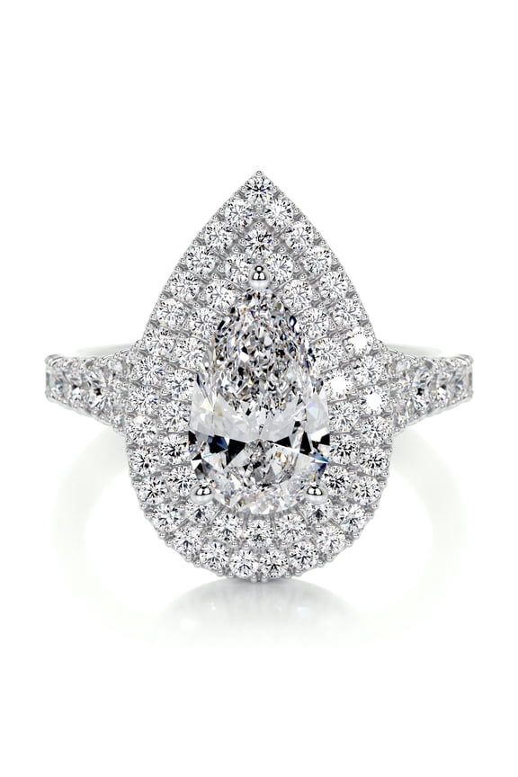 14K White Gold Plated Rings - Wedding Rings - 2 Ct Pear Cut Lab Created Simulated Diamond - Accent Solitaire Diamond Rings - Double Halo Eternity Style