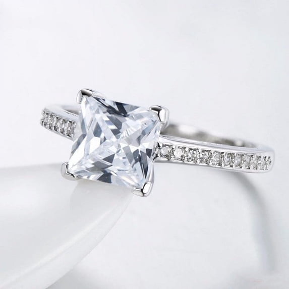 Blue Jewel Silver Ring - Princess Cut 1.9 Ct Lab Created Diamond Ring - Wedding Prong Set Diamond Ring - 14K White Gold Plated Ring - Forever Diamond Ring for Women's - Birthday Gifts