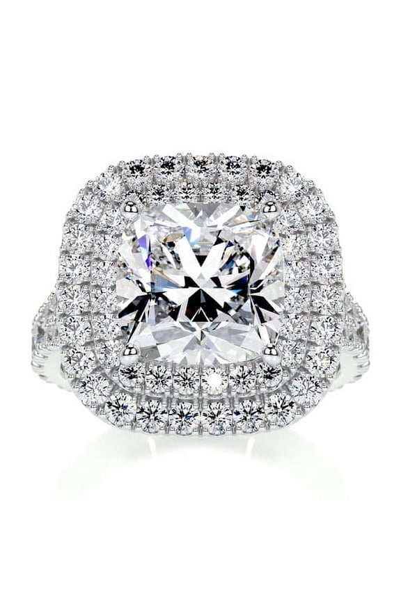 Wedding Ring - Silver 14K White Gold Over Ring - 1.9 Ct Cushion Cut Lab Created Simulated Diamond - Solitaire with Accent Diamond Rings - Eternity Diamond Rings - Double Halo Diamond Ring