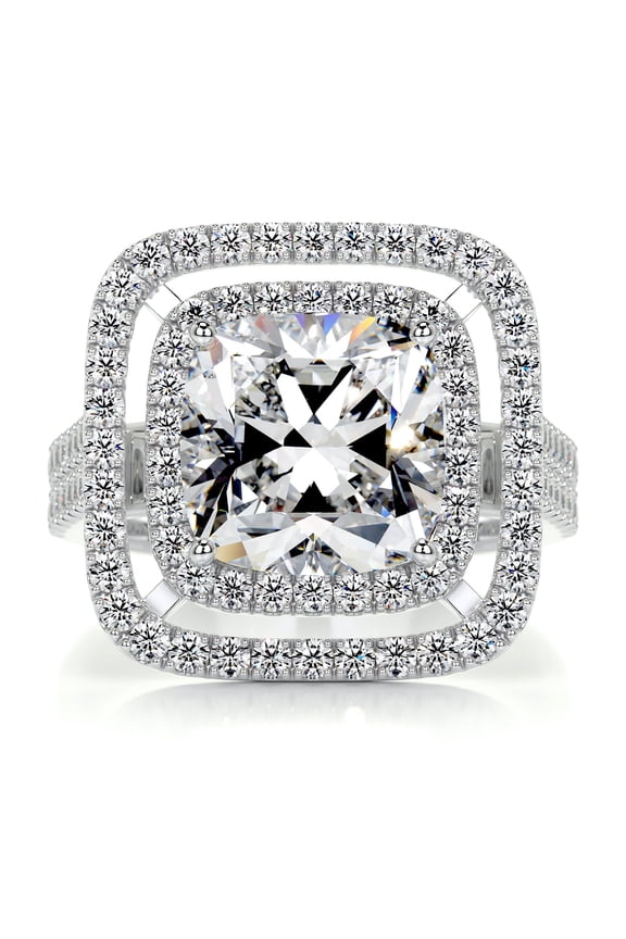 White Gold Over 14K Silver Diamond Ring for Her - Cushion Cut Excellent 2.1 Ct Diamond Rings - Wedding Rings -Solitaire with Accent Diamond Rings for Women's - Double Halo Diamond Rings
