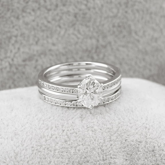 Blue Jewelry 1.6 Ct Oval Cut Moissanite Ring - 14K White Gold Plated Rings - 6 Prongs Designer Rigs for Women's - Half Channel Set Diamond Band for Her - Wedding Proposal Ring