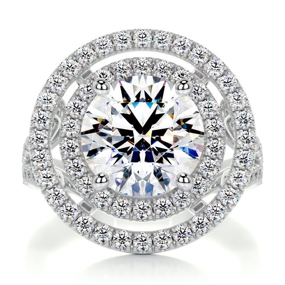 Blue Jewelry 1.9 Ct Round Cut Moissanite - Wedding Rings - 14K White Gold Plated Design - Solitaire with Accent Moissanite Rings - Eternity Style - Double Halo Cut