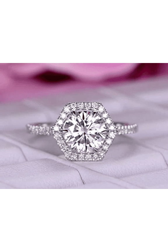 ry 14K White Gold Plated 14K Rings for Gifts - 2 Ct Lab Diamond Round Cut Wedding Rings - Latest Jewelry Engagement Wedding Rings women's - Hexagon Halo Diamond Anniversary Ring for Gifts