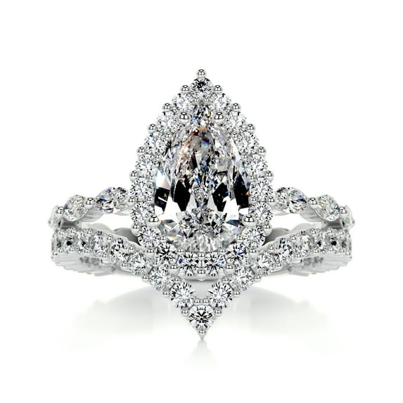 Blue Jewelry 14K White Gold Plated Moissanite Rings for Her - Pear Cut Excellent 2 Ct Moissanite Rings - Women's Halo Style - Eternity Moissanite Jewelry - Ideal Anniversary Gifts