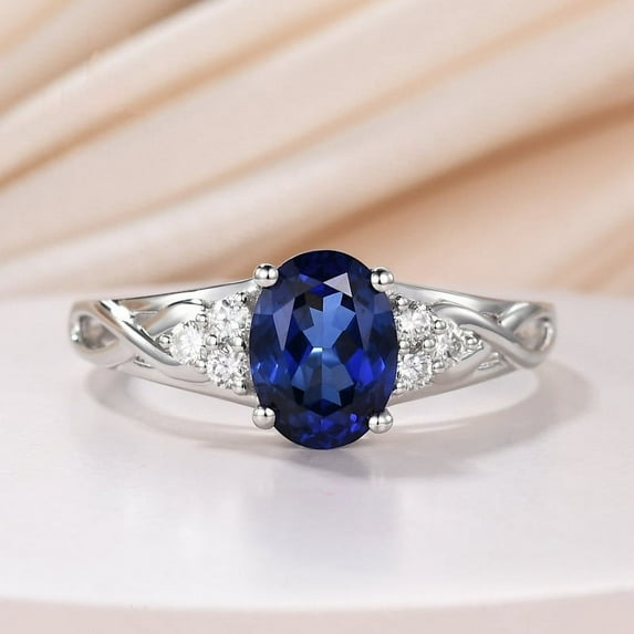 Blue Jewelry 14K White Gold Plated Ring - 2 Ct Oval Cut Diamond Ring - Sapphire Diamond Wedding Engagement Rings - Twisted Shank Jewelry - Cluster Diamond Proposal Rings