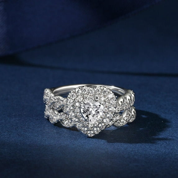 Blue Jewelry 14K White Gold Plated Rings - 1.5 Ct Moissanite Heart Cut Diamond Double Halo Rings - Bridal Set Women's Jewelry Wedding Rings - Heart Shape Proposal Rings - Proposal Delicate Rings