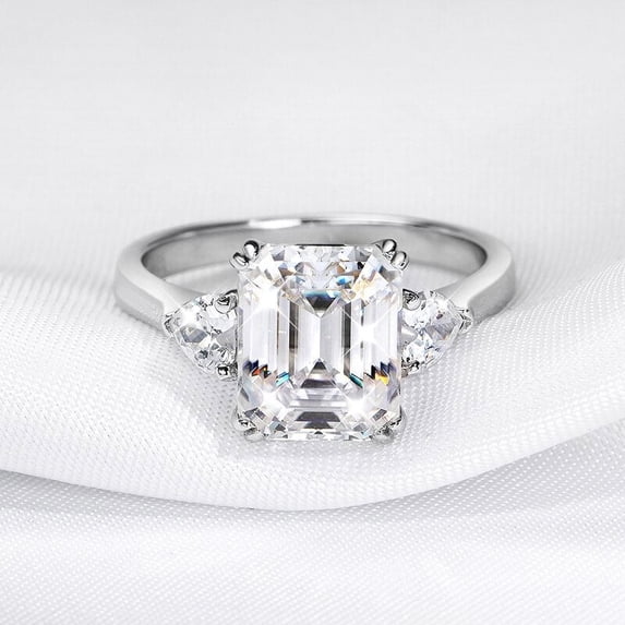 Blue Jewelry 14K White Gold Plated Rings - 1.9 Ct Emerald Cut Moissanite Rings - Three-Stone Engagement Wedding Rings - Engagement Wedding Diamond Rings On Clearance - Christmas Gifts for Her