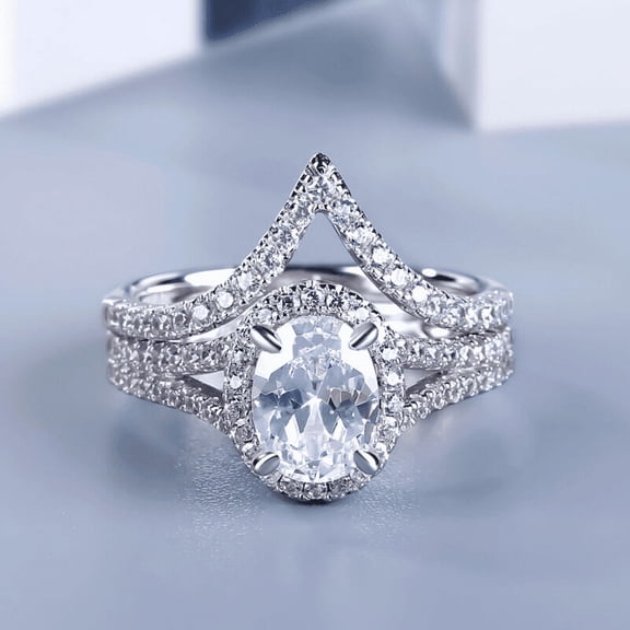 Blue Jewelry 14K White Gold Plated Rings - 1.9 Ct Oval Cut Diamond Rings - Bridal Set Halo Wedding Rings for Women's - Split Shank Gorgeous Anniversary Ring with Matching band for Her