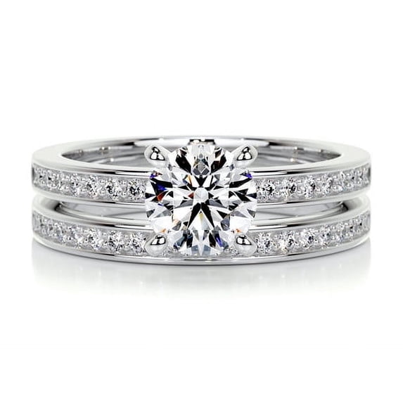 Blue Jewelry 14K White Gold Plated White Gold Plated Diamond Ring - Brilliant 1.8 Ct Round Cut Diamond Ring for Women's - Two Band Eternity Diamond Rings for Women's - Engagement Diamond Rings