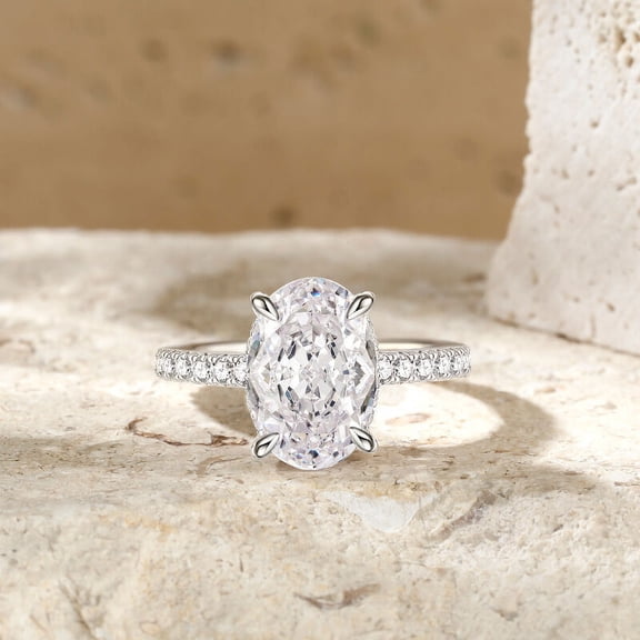 Blue Jewelry 2.6 Ct Oval Cut Moissanite - 14K White Gold Plated Wedding Anniversary Rings - Classic Engagement Wedding Solitaire with Accent Rings for Her - Party Wear Diamond Rings