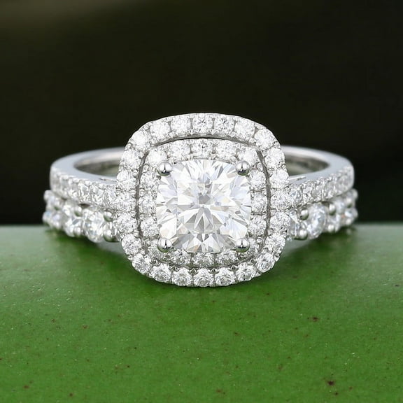 Blue Jewelry Bridal Ring Set - 14K White Gold Plated Engagement Ring - 1.9 Ct Cushion Cut Moissanite Ring Set - Wedding Anniversary Double Halo Ring with Matching Eternity Band - Bridal Ring