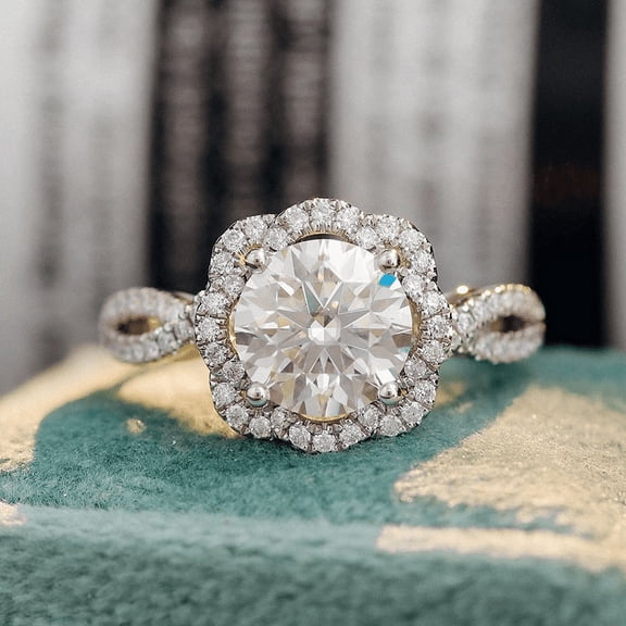 Blue Jewelry Brilliant 2.1 Ct Round Cut Moissanite Ring - Silver 14K White Gold Plated Ring - Halo Solitaire with Accent Engagement Rings - Ever & Ever Halo-Style Engagement Rings