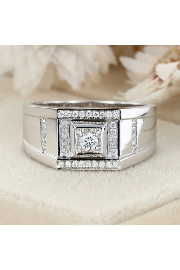 ry Men's Jewelry - 1.4 Ct Round Cut Moissanite Ring for Him - 14K White Gold Plated Ring - Men's Engagement Wedding Statement Ring for Birthday Gift - Handmade Jewelry for Men's
