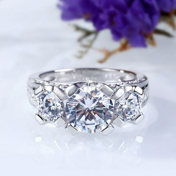 Blue Jewelry Prong Set Three Stone 2.9 Ct Round Cut Moissanite Ring - 14K White Gold Plated Wedding Ring - Bridal Diamond Jewelry for Women's - Wedding Special Occasion Ring for Her