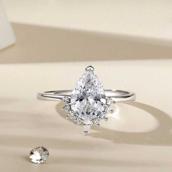 Blue Jewelry Silver 14K White Gold Plated Diamond Ring - 2 Ct VVS1/D Pear Cut Moissanite Ring - Classic Engagement Wedding Solitaire with Accent Rings for Women's - Proposal Rings