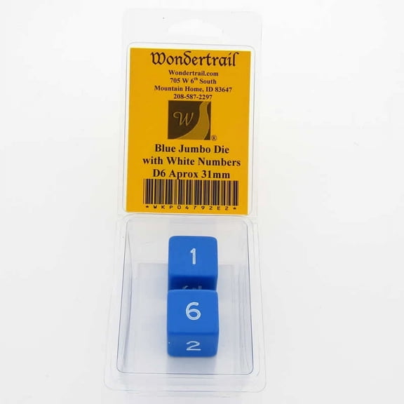Blue Jumbo Dice with White Numbers D6 31mm Pack of 2 Wondertrail