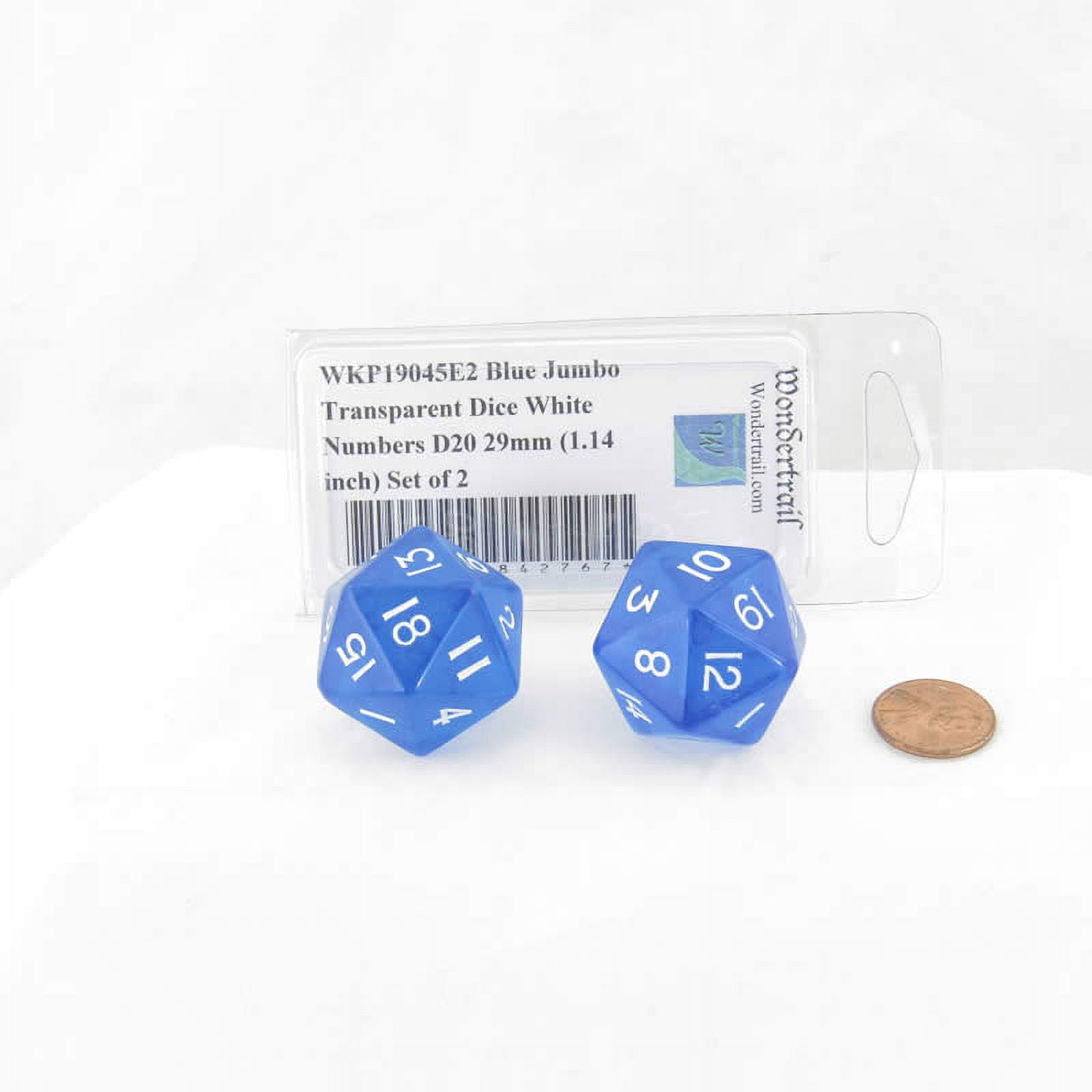 Blue Jumbo Transparent Dice with White Numbers D20 29mm (1.14 inch) Set of 2 Wondertrail