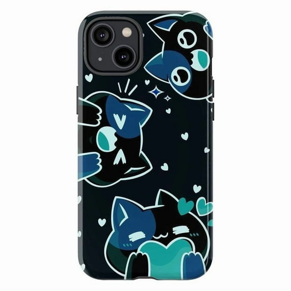Blue Kawaii Cat Phone Case, Cute Cartoon Heart Eyes Black Cat Design Protective Cover for iPhone 16 15 14 13 12 11 Pro Max Mini Plus