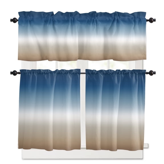 Blue Khaki Kitchen Curtains Valances and Tiers Set of 3, 24 Inch Length Tier Curtains and Valance Rod Pocket Valance Curtains Set for Kitchen Bathroom Small Windows