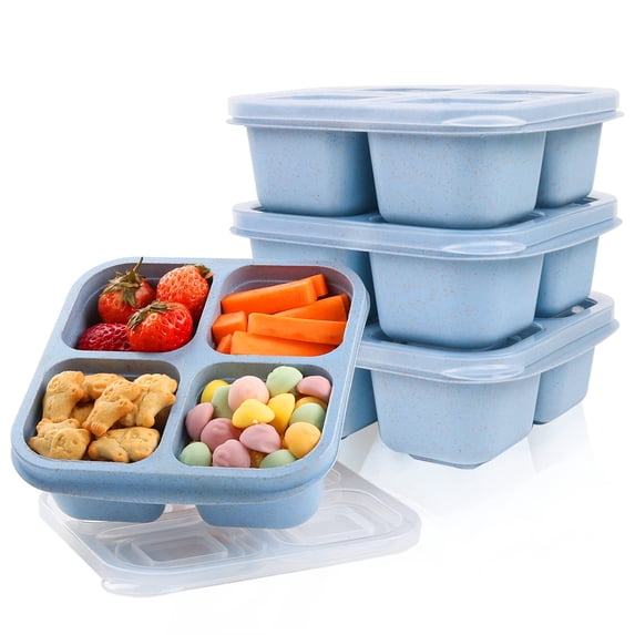 Blue Kids Bento Snack Box, 4 Section Food Storage Container, 1 Count 6.5 x 6.1 x 2.2 Inch, Reusable Hard Plastic Lunch Divider For School Toddler Daycare, Portion Control Fruit Veggie Tray