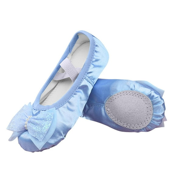 Blue Kids' Bow Dance Footwear With Flexible Bottom And No-Tie Elastic Strap, Made From Artificial Leather For Dance Practice And Training