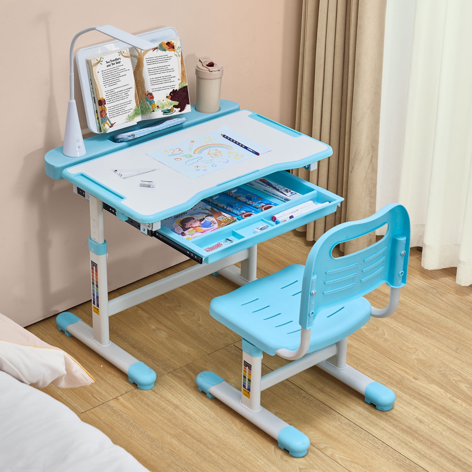 Blue Kids Chair and Desk Set Table Lamp Adjustable Height & Tilted ...