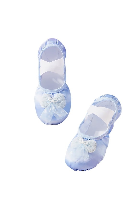 Blue Kids Dance Shoes Girls Soft Soles Satin Upper, Bow Design Artificial Leather Sole For Practice Ages 1-2 Years