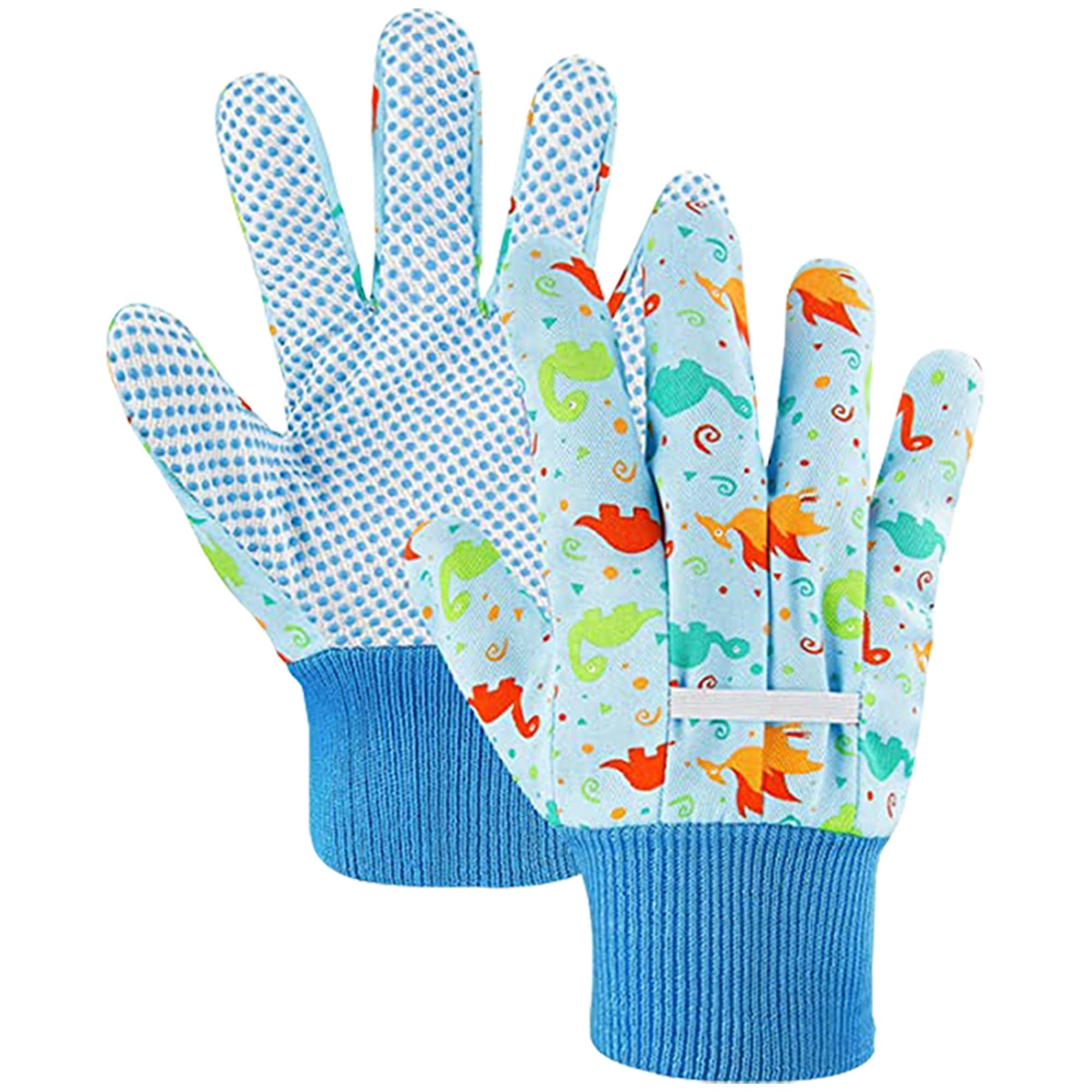 Blue Kids Gardening Gloves, Dinosaur Print Poly/Cotton, 3 Pairs, X-Small