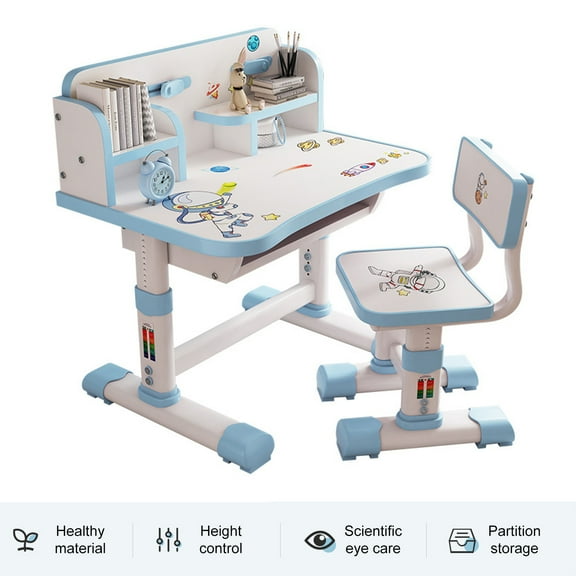 cbehtwi Blue Kids Height-Adjustable Desk & Chair Set  Ergonomic Study Set with Cartoon Pattern, Bookshelf & Writing Board