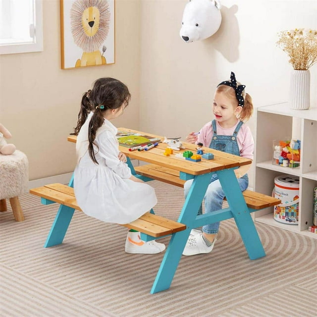 Blue Kids Picnic Table Kids Dining Table Set for 4 Wooden Bench Seats