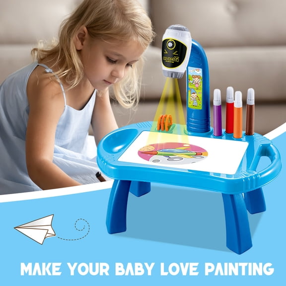 Blue Kids Smart Projector Drawing Desk With Light Music Learning Painting Toy Blue