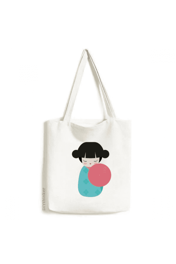 Blue Kimono Sakura Japan Doll Tote Canvas Bag Shopping Satchel Casual Handbag