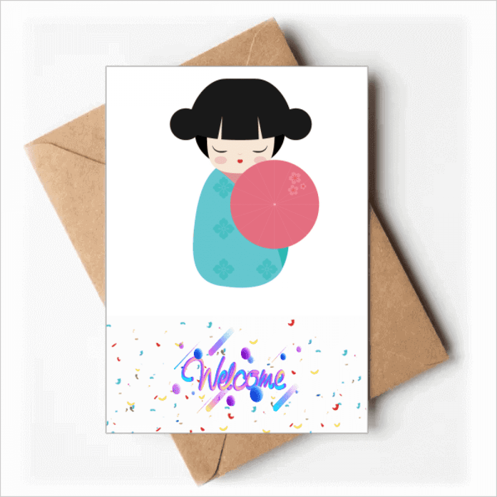 Blue Kimono Sakura Japan Doll Welcome Back Greeting Cards Envelopes Blank