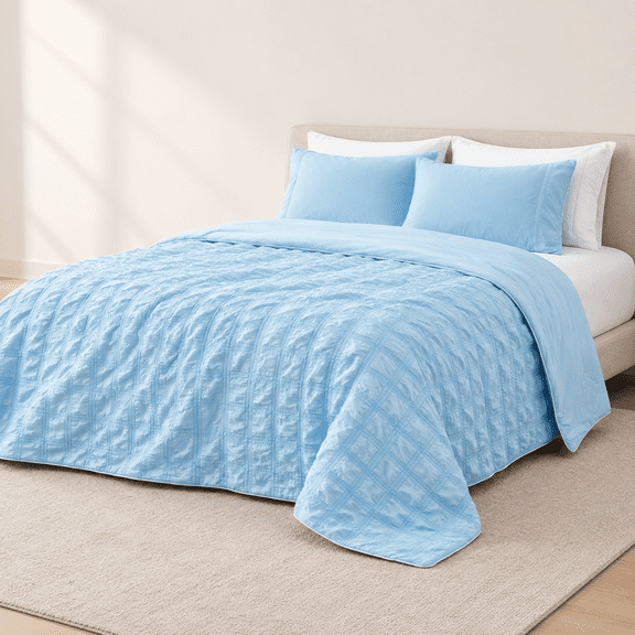 Blue King (104''x90'') Seersucker Plaid Lightweight Summer Bedding Quilt for Hot Sleepers