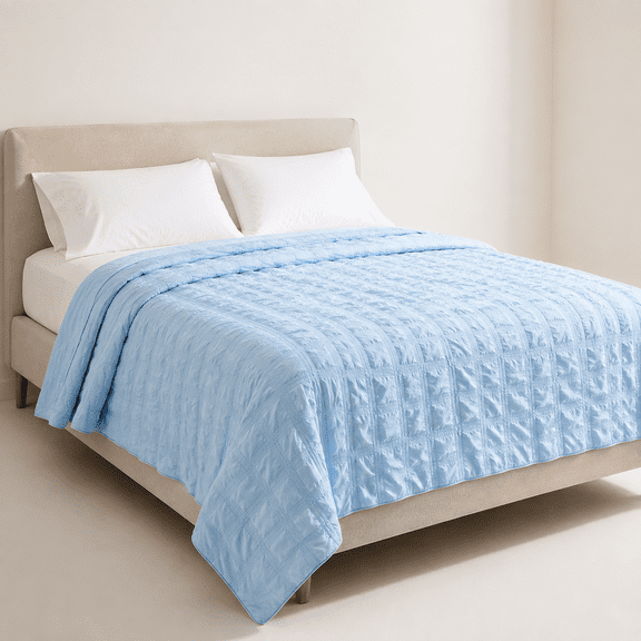 Blue King (104''x90'') Seersucker Plaid Lightweight Summer Quilt Comforter for Hot Sleepers